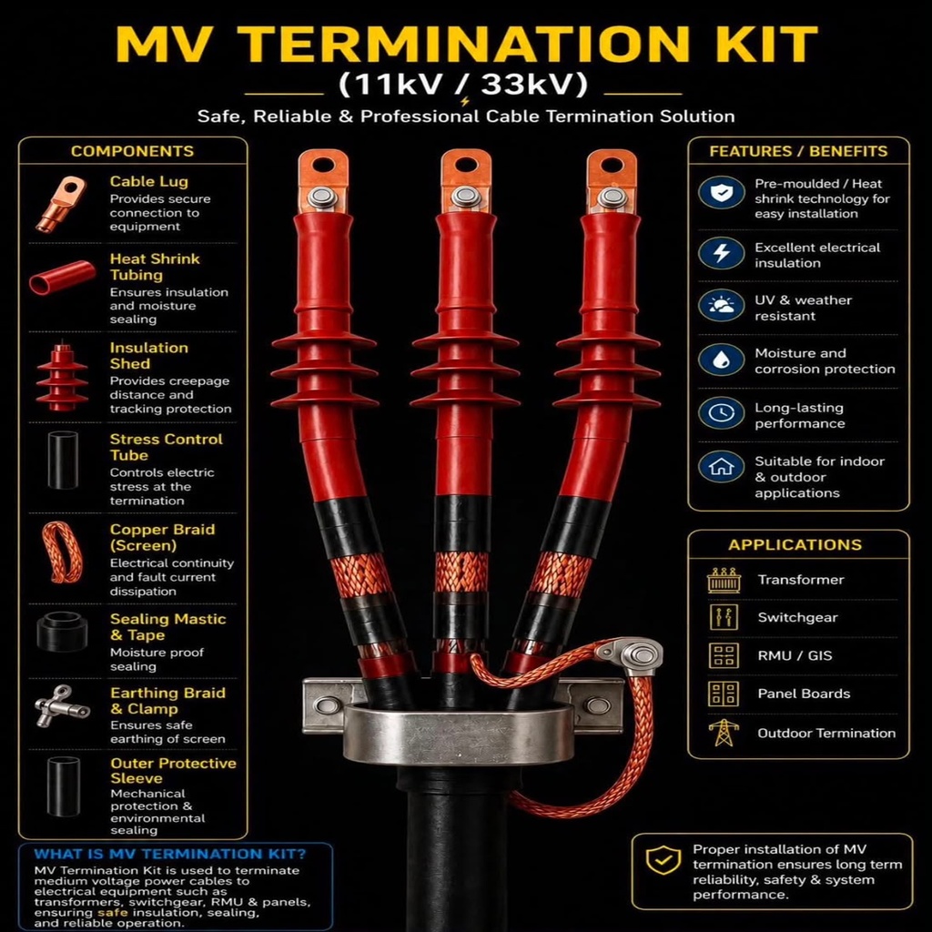 Cable End Termination Kit (11 kV, Heat Shrinkable, Outdoor, 400Sq.Mm., XLPE, 3 Core)